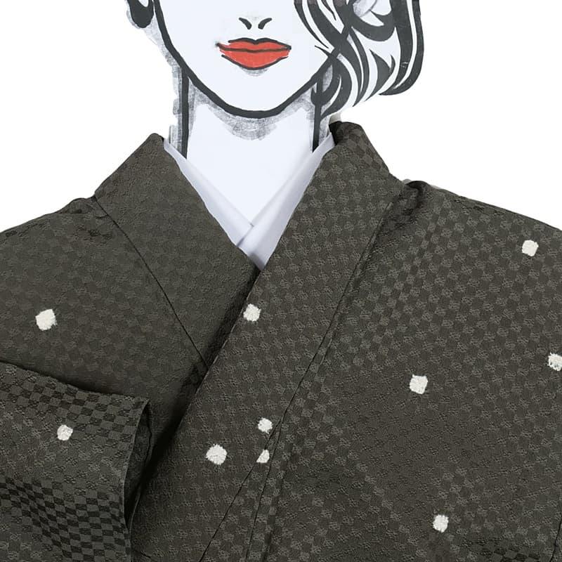 夏物 リサイクル小紋 単衣小紋 染め小紋単衣 絞り 市松取り 緑 丈147cm