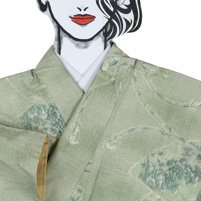 リサイクル紬 真綿紬 紬袷 洒落着物 正絹 経緯絣 緑 身長159cm 裄64cm