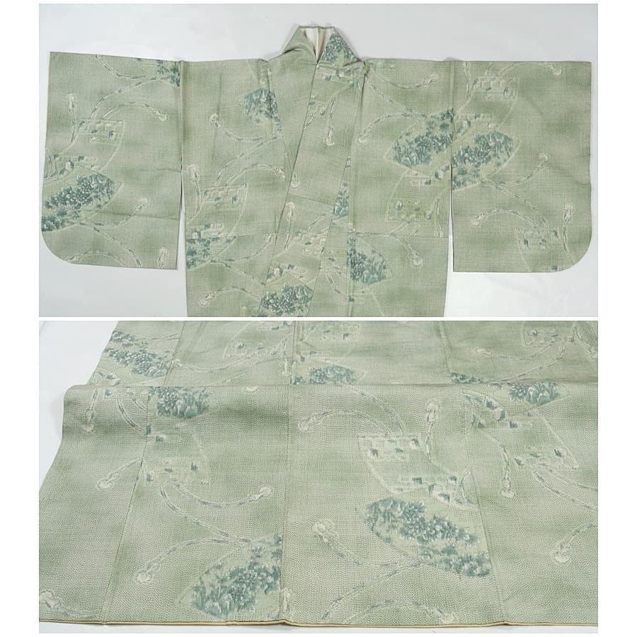 リサイクル紬 真綿紬 紬袷 洒落着物 正絹 経緯絣 緑 身長159cm 裄64cm