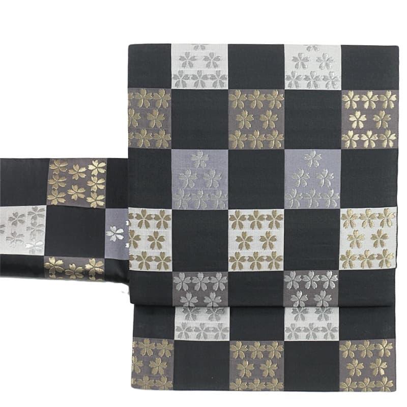 リサイクル 袋帯 未使用品 フォーマル 西陣袋帯 黒地 三津五郎 桜 格子