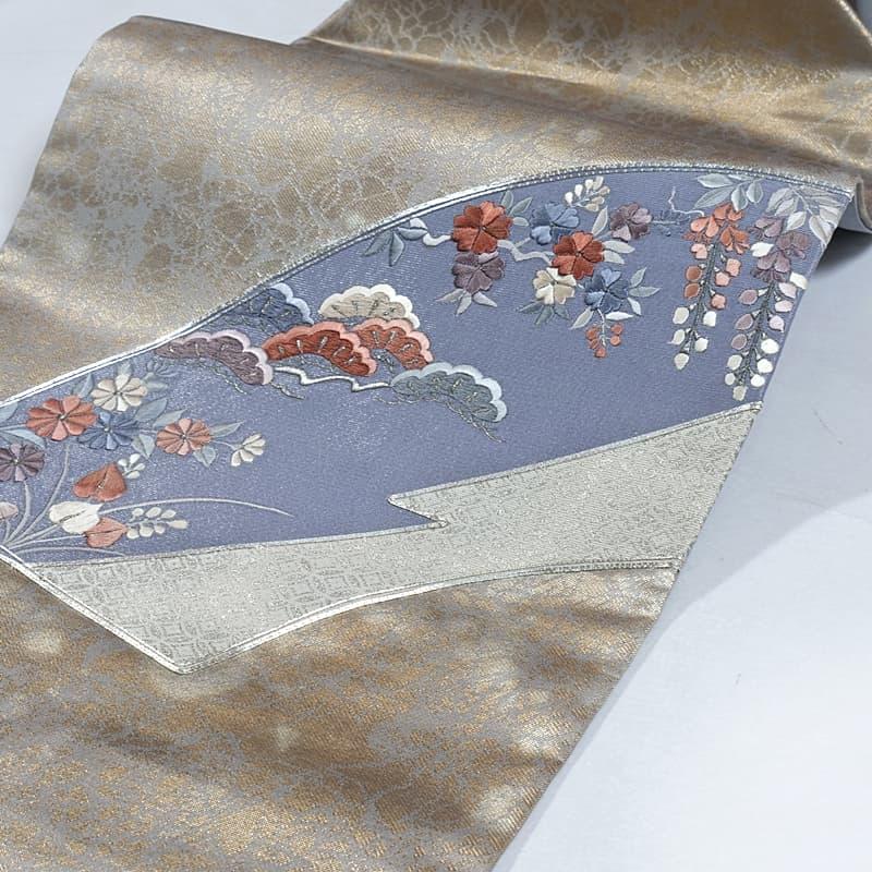 リサイクル 名古屋帯 未使用品 刺? 染 松 藤 桔梗 金箔 a2m5 仕立て