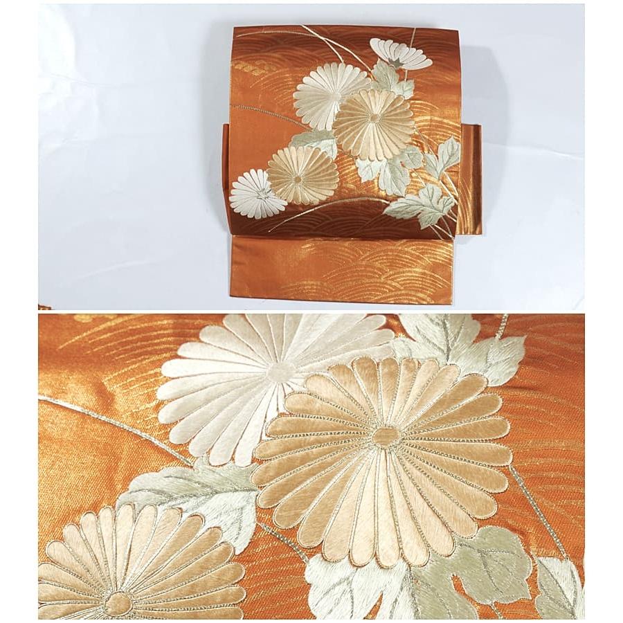 名古屋帯 作り帯 付帯 二部式帯 日本刺繍 菊 青海波 リサイクル名古屋