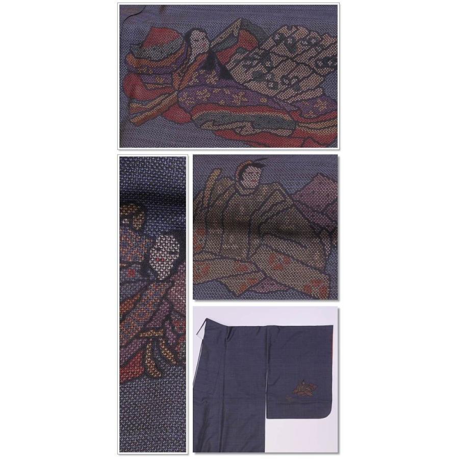 リサイクル 大島紬 経緯絣 本泥染め 絵羽柄 藍色 源氏本場大島 身丈