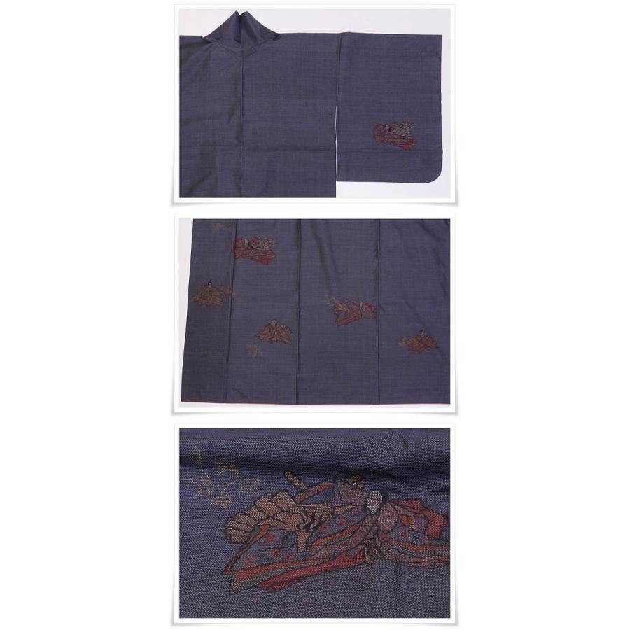 リサイクル 大島紬 経緯絣 本泥染め 絵羽柄 藍色 源氏本場大島 身丈