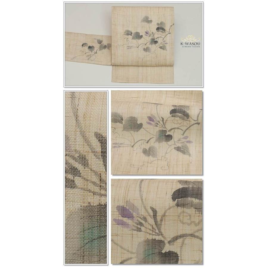 平和屋着物＊夏物　九寸名古屋帯　手描き　草花文　麻　逸品　DAAY8455cm 平和屋本店□極上 夏物 手描き友禅作 腰原淳策 絽塩瀬 九寸名古屋帯 蓮