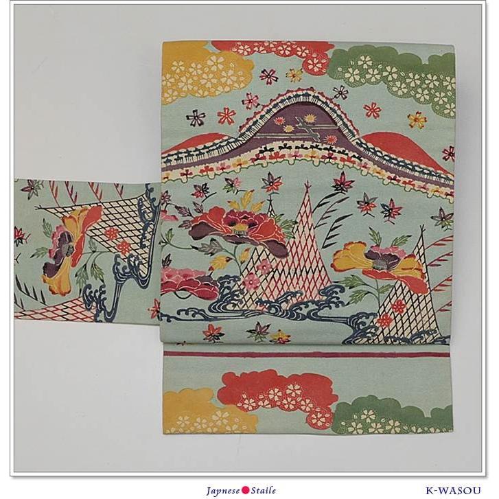 琉球紅型 名古屋帯 中古】正絹 九寸名古屋帯 紅型染めリサイクル本紅型