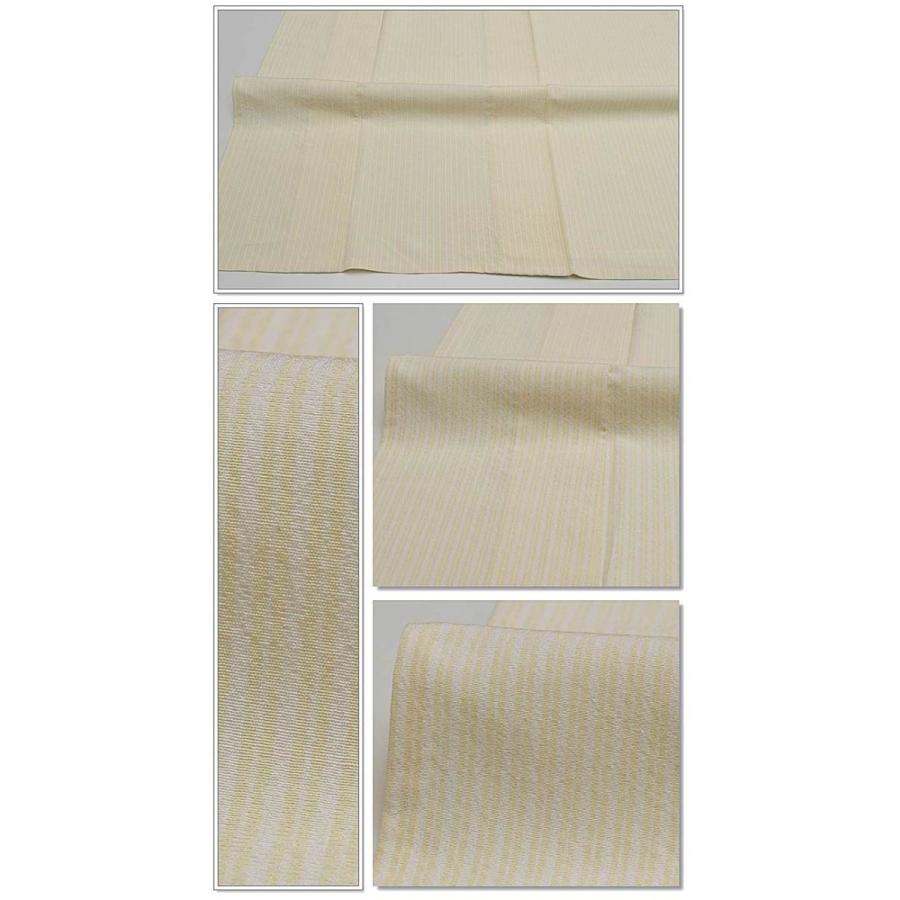 単衣です　紬　着物　鶯色〜黄色系縞　正絹 正絹 着物 手引き真綿紬 縞 黄色
