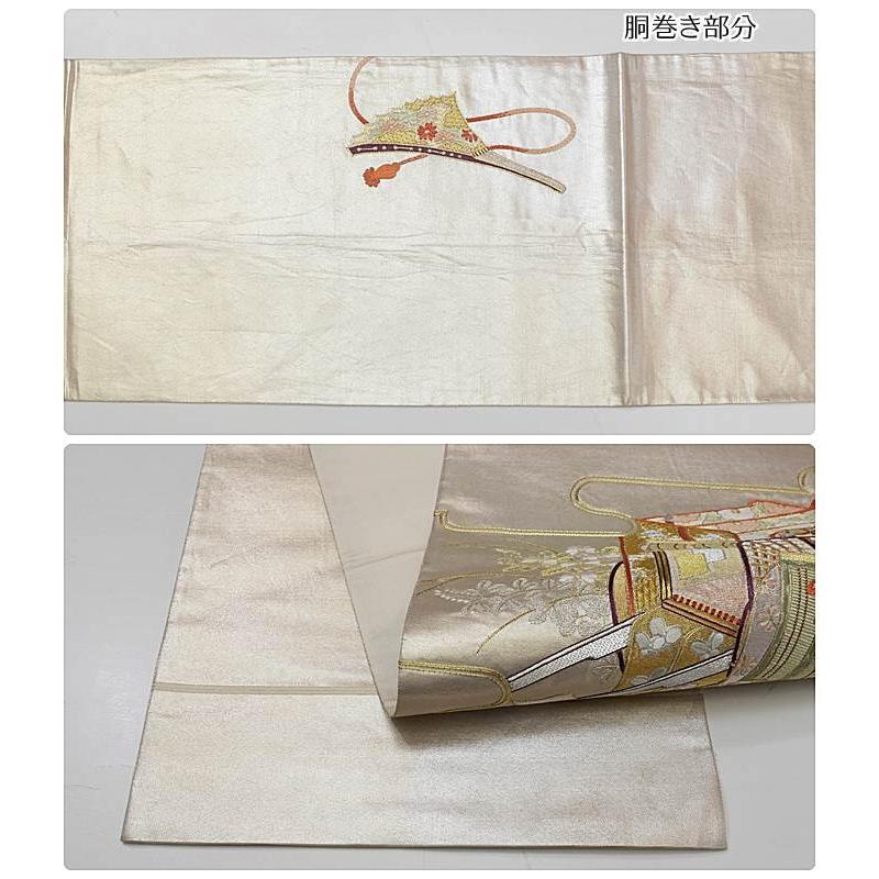袋帯 中古品」日本刺繍 袋帯 御所車 扇面銀代 アンティーク袋帯