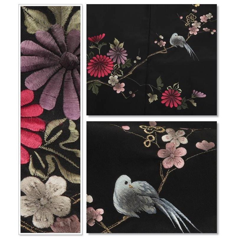 リサイクル黒羽織 刺繍柄の黒絵羽 羽織り 化繊 Mサイズ a3y4m5「中古