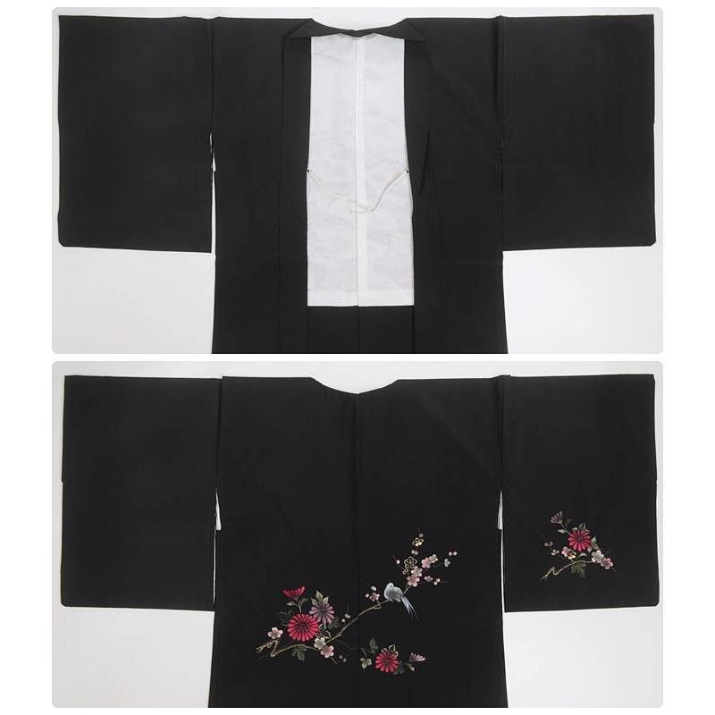 リサイクル黒羽織 刺繍柄の黒絵羽 羽織り 化繊 Mサイズ a3y4m5「中古 