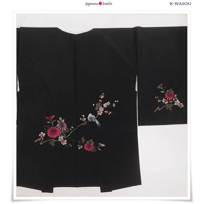 黒絵羽織　日本刺繍　昭和レトロ　正絹　日本刺繍 リサイクル黒羽織 刺繍柄の黒絵羽 羽織り 化繊 Mサイズ a3y4m5「中古