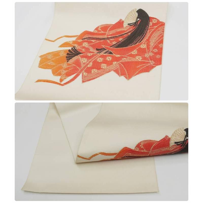 リサイクル 八寸名古屋帯 織物 お姫様 十二単 化繊 訳あり a2m4「中古