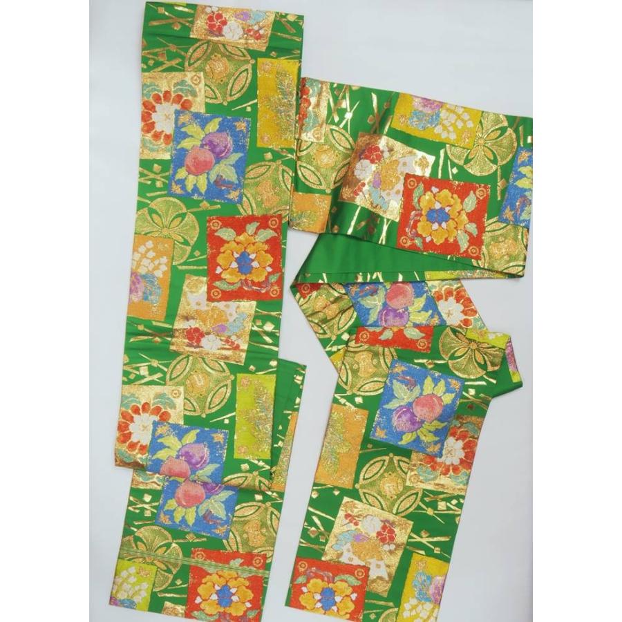 新古品袋帯 全通柄 正絹 未使用品 逸品袋帯 緑地 古典柄 a2m1m5 L 