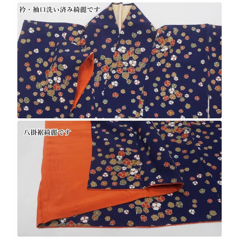 染小紋 リサイクル小紋 染め着物 身丈149cm Sサイズ 裄62cm 花柄 紺色