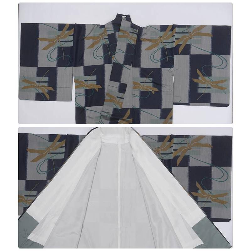お洒落に纏う 大人趣の【銘仙紬】正絹　　トールサイズ つむぎ お召し着物 銘仙着物 昭和アンティーク 紺 紬 大きいサイズ
