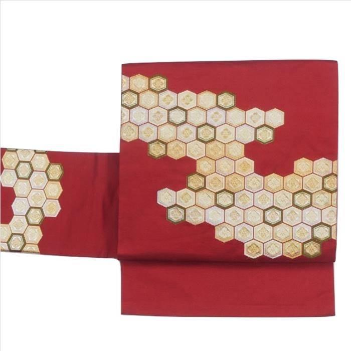 名古屋帯 リサイクル 古典 亀甲花菱 赤地 正絹 中古着物 お稽古練習着  