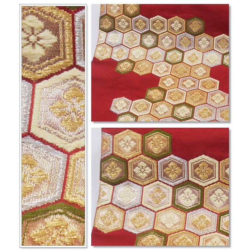 名古屋帯 リサイクル 古典 亀甲花菱 赤地 正絹 中古着物 お稽古練習着  