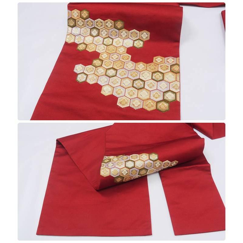 名古屋帯 リサイクル 古典 亀甲花菱 赤地 正絹 中古着物 お稽古練習着  