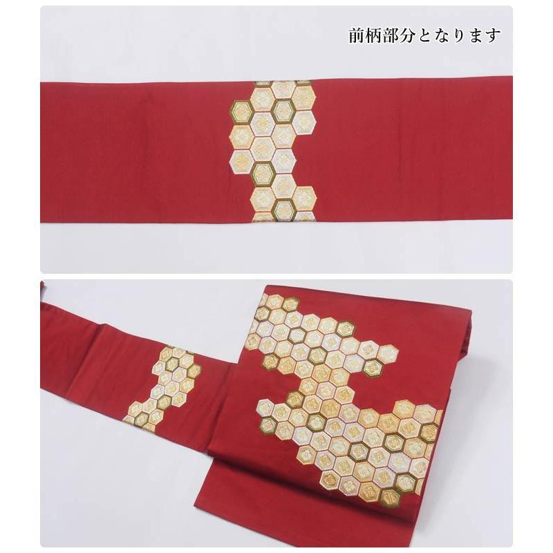 名古屋帯 リサイクル 古典 亀甲花菱 赤地 正絹 中古着物 お稽古練習着