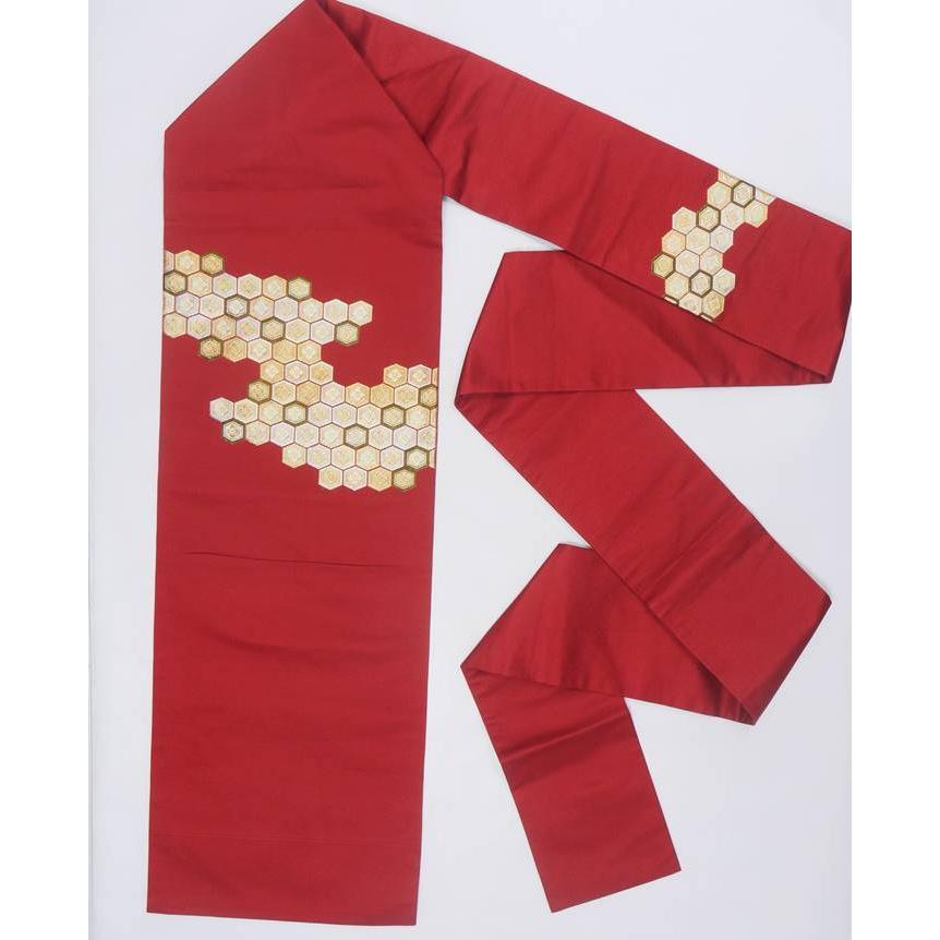 名古屋帯 リサイクル 古典 亀甲花菱 赤地 正絹 中古着物 お稽古練習着  