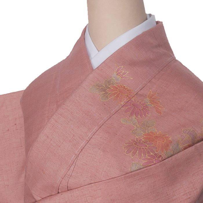 未着品 訪問着袷 リサイクル 逸品着物 紬 朱 未使用品 友禅染め着物
