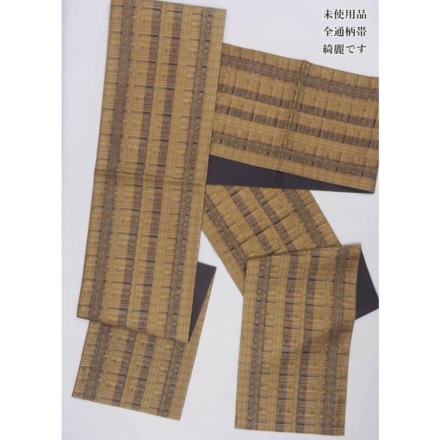 袋帯 未着品袋帯 古典 黒地金 縞柄 正絹 菱柄 六通柄 中古着物 舞台 