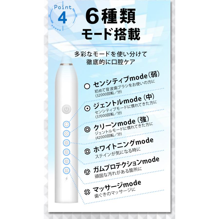音波歯ブラシ 選べる3色 6モード USB 充電式 IPX7 防水設計 替えブラシ