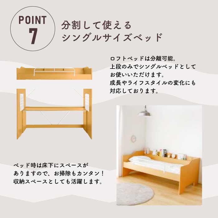ロフトベッド シングル ハイタイプ デスク付き 木製 棚付き 上下分割