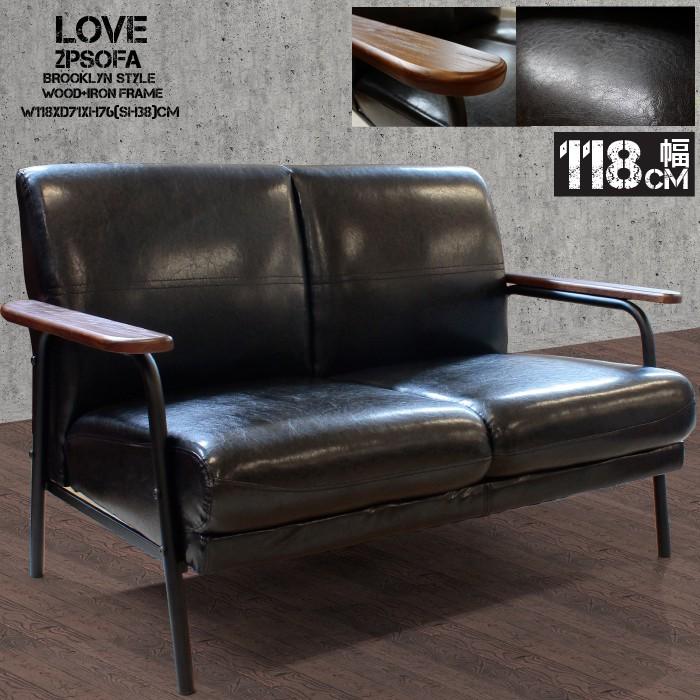 メール便無料 幅118cm バイキャスト レザー 張り アイアンフレーム レトロ ソファー 西海岸スタイル 2人掛けソファー リビングソファー ラブソファー 応接ソファー ブルックリンスタイル 男前インテリア ブラック ソファ Indonesiadevelopmentforum Com