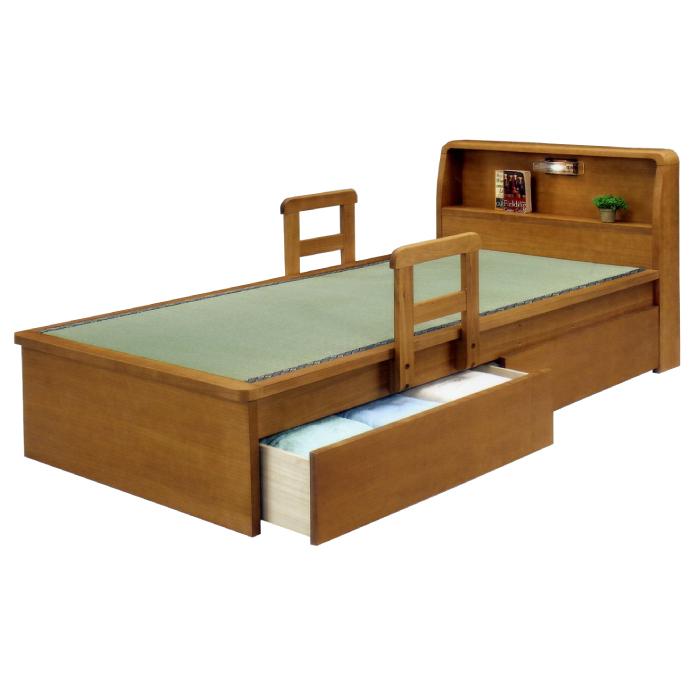 畳ベッド シングルサイズ 国産畳使用 引き出し2杯付き ライト付き 宮付きベッド 手すり付き たたみベッド 天然木タモ突板 引き出し収納付き 手摺り移動式