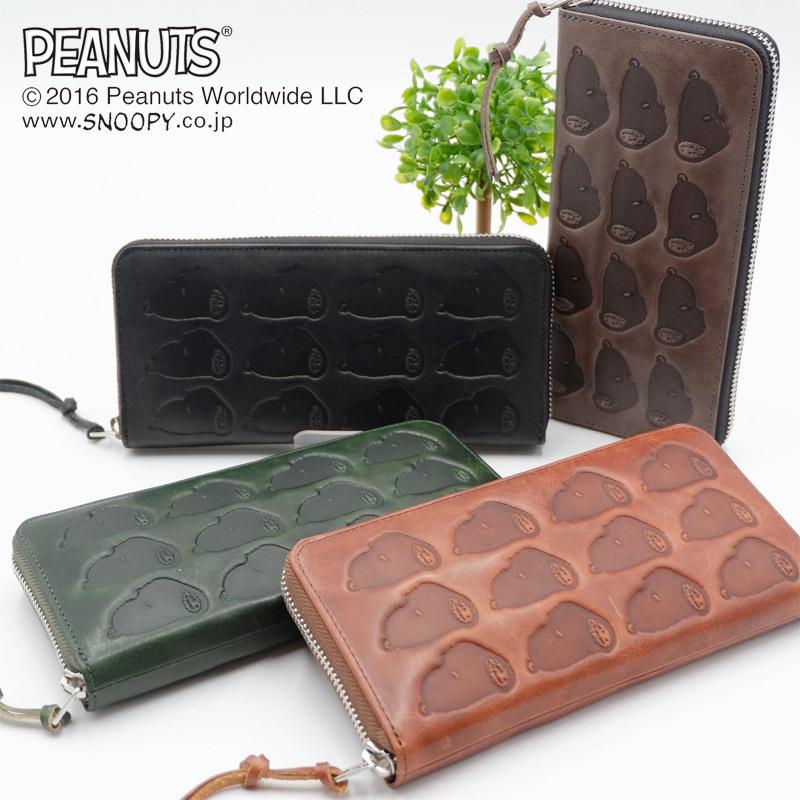 Snoopy Peanuts スヌーピー 長財布 M F Many メンズ Face 長財布 ラウンドファスナー Many 型押し