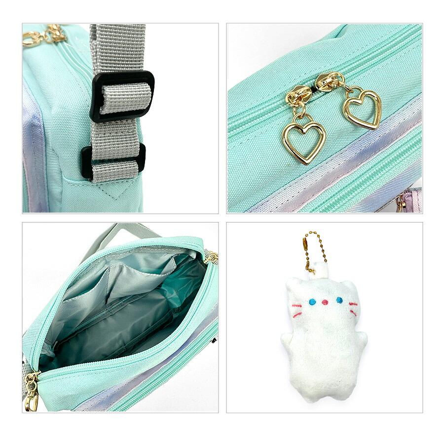 ハンドメイド　ショルダーバッグ&ポーチ猫　フリル　水色　大人可愛い　いちご キッズ ショルダーバッグ 女の子 子供 小学生 かわいい おしゃれ ヨコ
