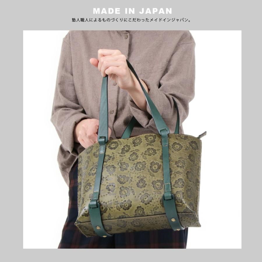 トートバッグ レディース 花柄レザー フラワー スクエア型 姫路レザー