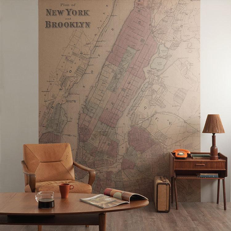 壁紙 植物由来100％ FLAX WALLPAPER フラックスウォールペーパー 亜麻（リネン）壁紙 Old Map ニューヨーク ブルックリン 2枚セット のりなし 自然素材 調湿｜kabegamiya-honpo｜04