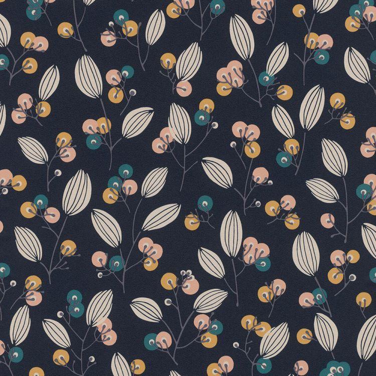 貼ってはがせる 輸入壁紙 Rasch 4630 1ロール 巾 53cm 10m 単位 紺 ネイビー 青 ブルー 花柄 木の実 北欧 Ykik L R 4630 壁紙屋本舗 通販 Yahoo ショッピング