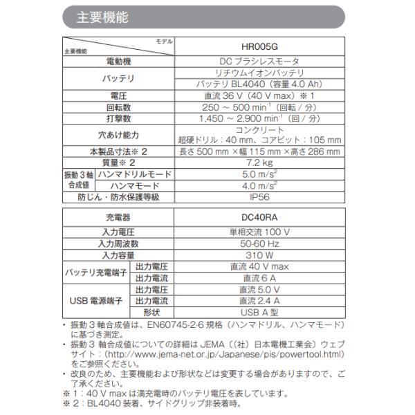 マキタ HR005GRMX 40Vmax 充電式ハンマドリル 40mm 【本体+4.0Ah
