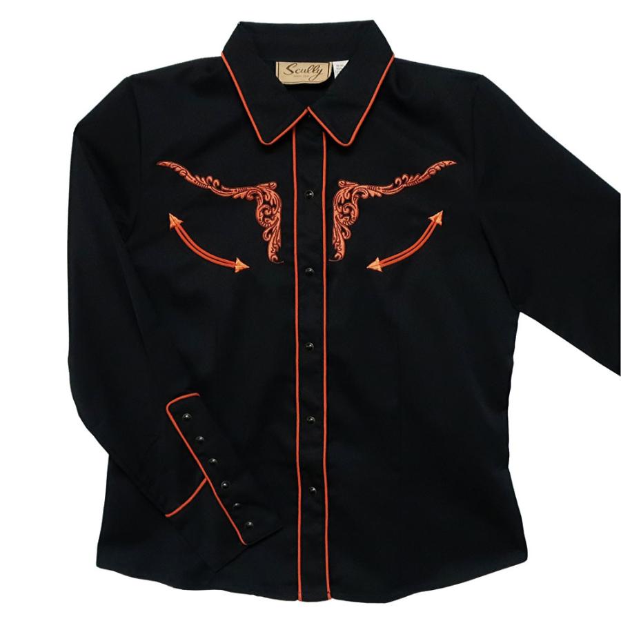 人気TOP ウエスタンシャツ メール便可 レディース LDS511 ブラック 黒 スカリー スカル アラベスク模様 刺繍 長袖
