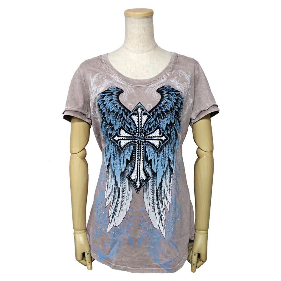 メール便可 レディース ウエスタン調 Tシャツ クルーネック クロス エンゼルウイング ピンク系 Vocal LT448
