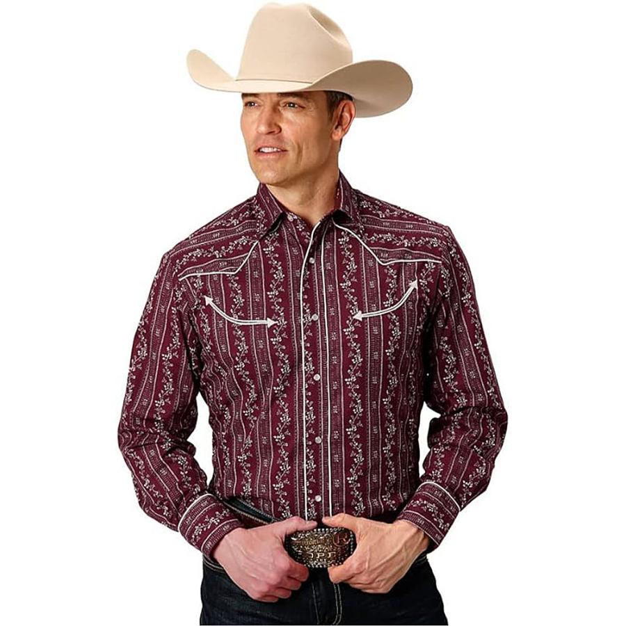 メール便可 ウエスタンシャツ メンズ えんじ色 赤系 花柄 長袖 シャツ