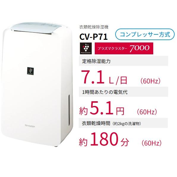 シャープ 衣類乾燥除湿機 CV-P71-W コンパクト プラズマクラスター7000