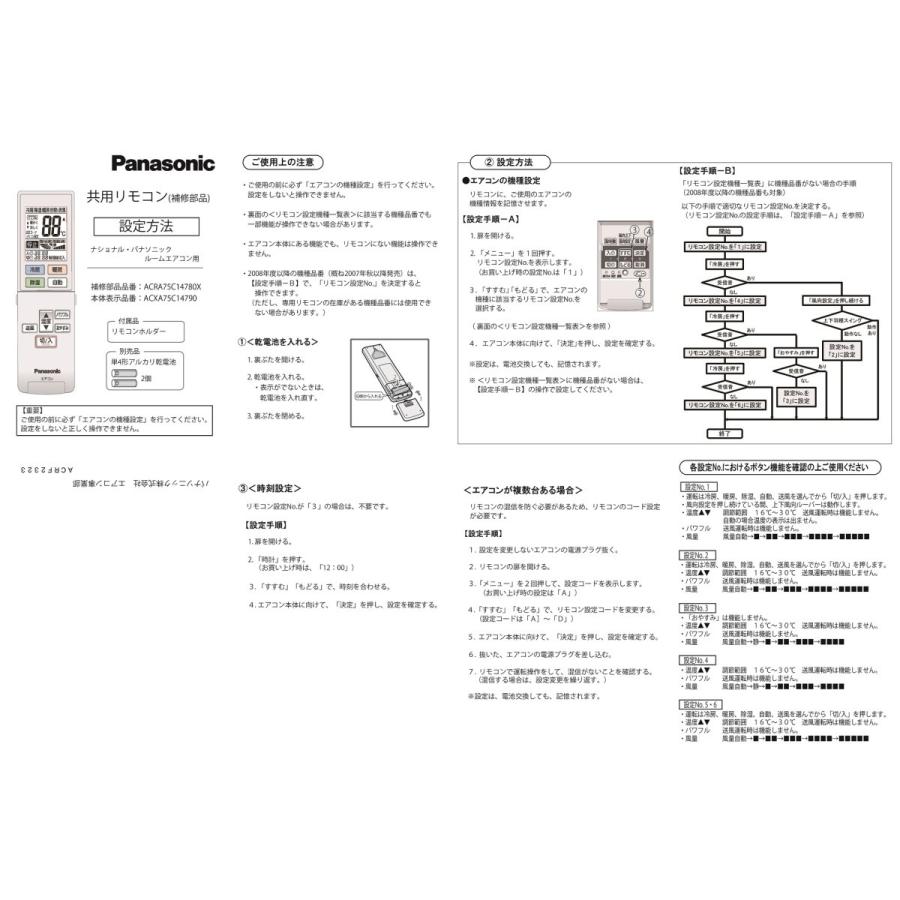 共用リモコン ACRA75C14780X に代替】Panasonic National エアコン