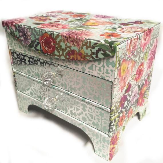 Punch Studio 限定柄 脚付き 2ティア ジュエリーチェスト シルバー箔ピンク花パンチスタジオ収納ケース・ジュエリーボックス・メイク