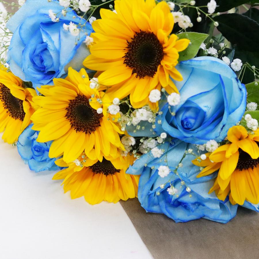 最新作 ブルーローズ アイス と ひまわり の 花束 夏の花 青バラ フラワーギフト 生花