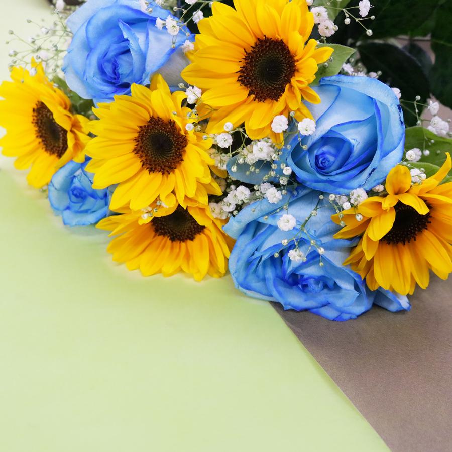 タイムセール アイスブルーローズ と ひまわり の 花束 夏の花 青バラ フラワーギフト 生花 Swsj Org