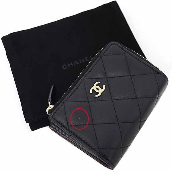 シャネル CHANEL コンパクトウォレット 三つ折り財布 L字ファスナー マトラッセ ラムスキン ブラック ライトゴールド金具 【中古】Aランク CHANEL（シャネル） コンパクトウォレット 三つ折り財布 L字ファスナー