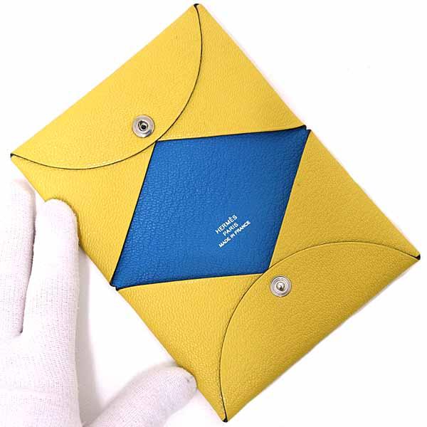 エルメス HERMES カルヴィ ヴェルソ カードケース 名刺入れ シェーブルミゾル B刻印 2023年製 イエロー ブルー 【中古】Sランク_3