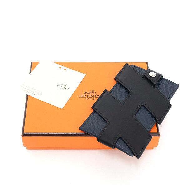 エルメス Hタグ アッシュタグ パス カードケース 定期 名刺入れ ヴォーエプソン ヴォーエバーカーフ レザー ノワール ブルーインディゴ ブラック ダークネイビー 黒 D刻印 箱付 HERMES（未使用　展示品） HERMES（エルメス） カードケース Hタグ カーフ ヴォーエプソン