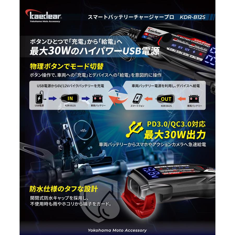 Kaedear（カエディア） バイク バッテリー充電器 USB 入力 12V/6V