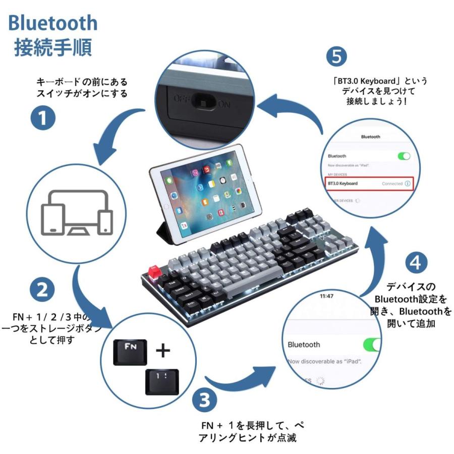 メカニカルキーボード ゲーミングキーボード Bluetooth 2.4GHワイヤレス無線Type-c有線接続 ワイヤレスキーボード 充電式3300ｍA｜kaedesyouten｜09