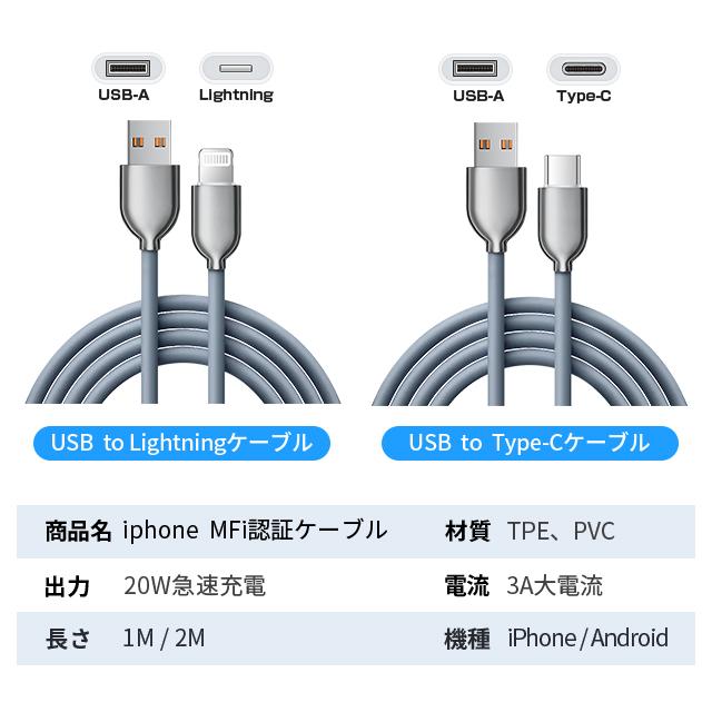 iOS/USB Type-C 充電 ケーブル 1m/2m MFi認証 スマホ USB ケーブル 20W 急速充電 ライトニングケーブル タイプc 充電コード 3A 充電器 lightning｜kaeru-store｜17